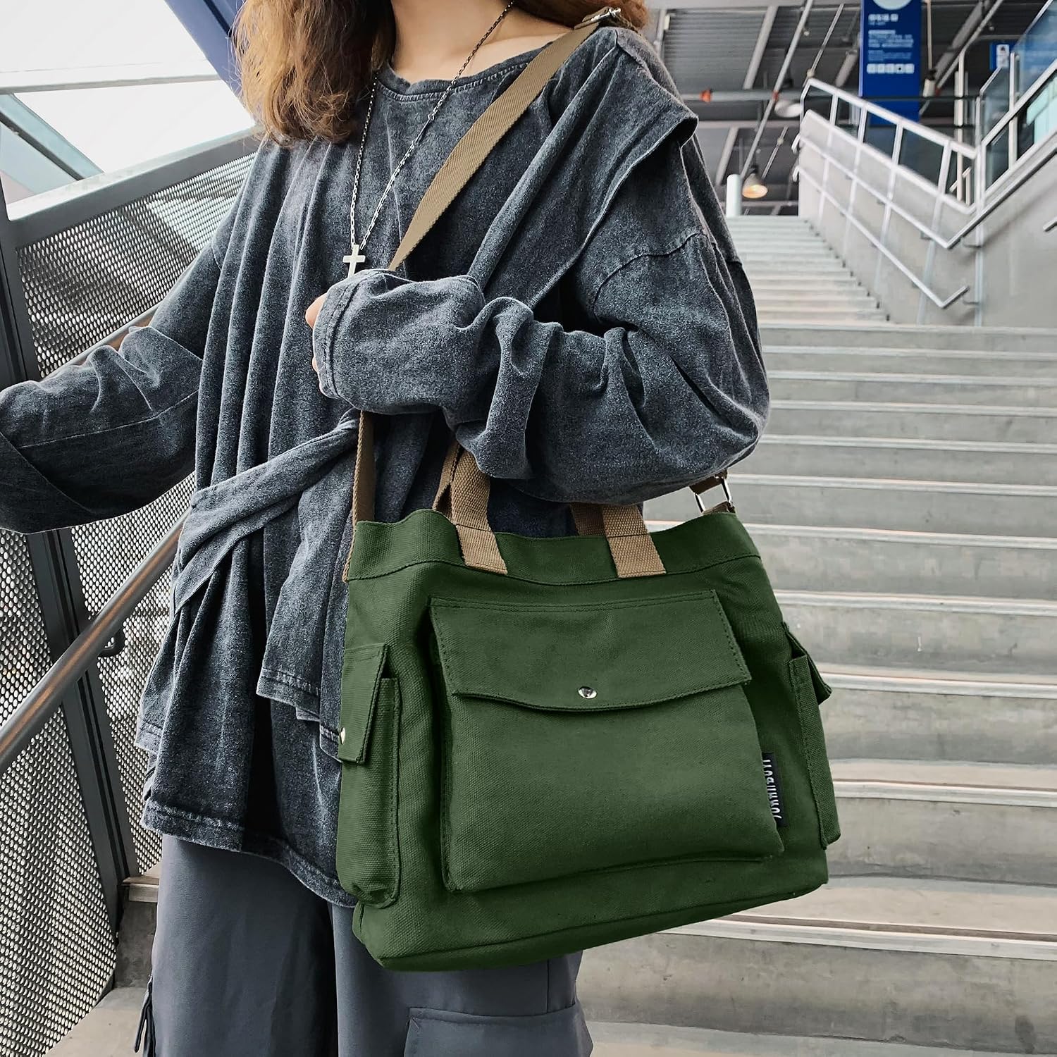 Canvas Messenger Tote Bag Large Hobo Crossbody Bag with Multiple Pockets Casual Shoulder Handbag for Women and Men