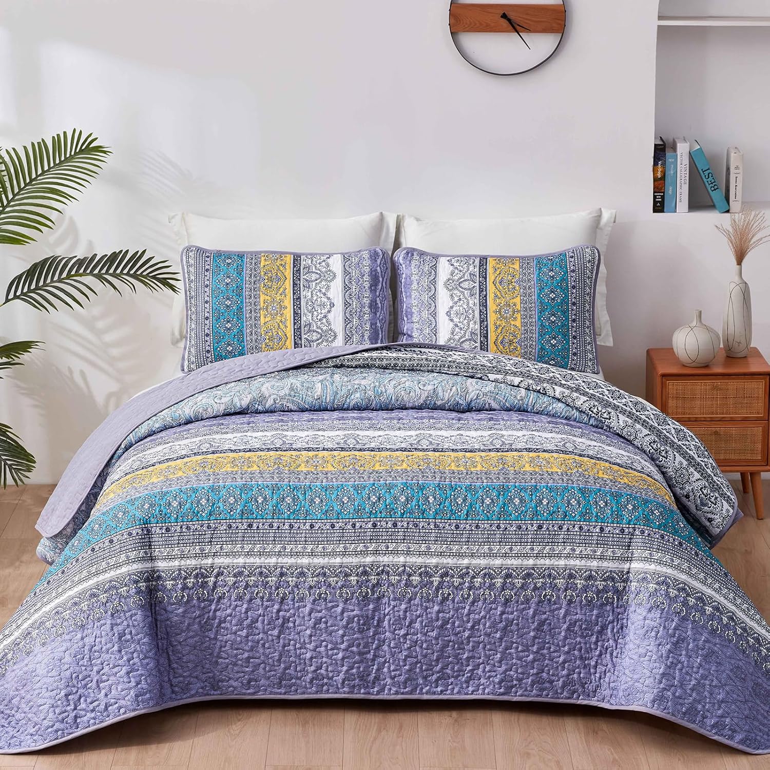 WONGS BEDDING Boho Quilt Set King Size Purple, 3 Pieces Striped Bedspread Coverlet Set, Bohemian Soft Lightweight Microfiber for All Season(104"×90")