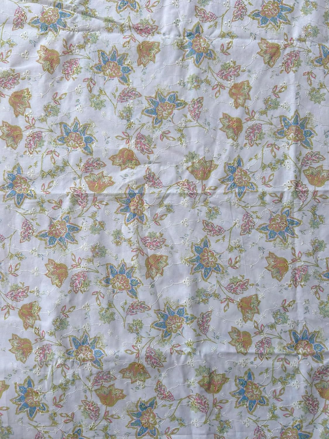 100% Cotton Chikan Embroidered Fabric by Yard – Cream Eyelet Hakoba Style with Floral Prints – Soft DIY Sewing Material for Dresses, Crafts, Home Décor – 42" Width (Cream-Green-5 Yards)