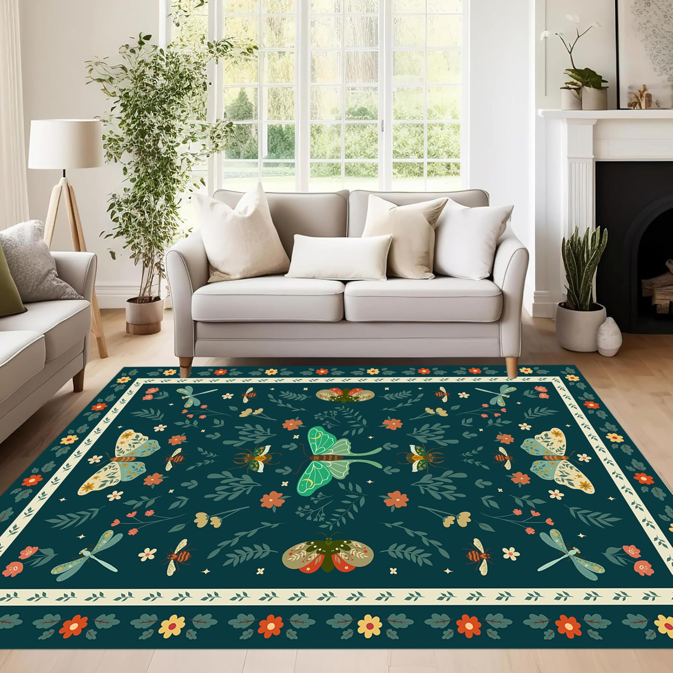LHOMKCV Insects Area Rugs, 60x90cm, Fantasy Butterflies Dragonflies Floral Vibrant Teal Blue Rustic Throw Rugs, Non Slip Cozy Easy-Washing Bohemian Carpet for Kitchen Dining Room