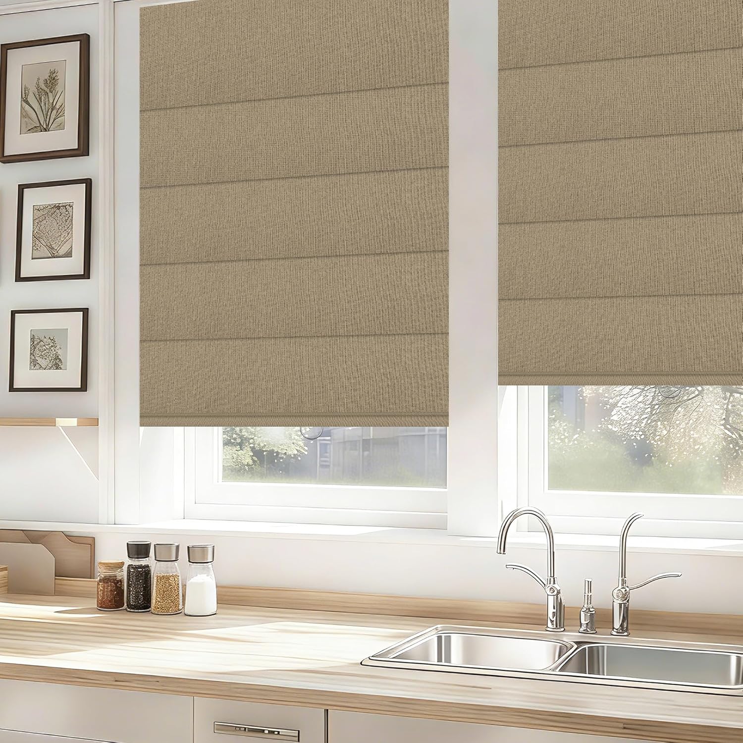 Boolegon Blackout Roman Shades for Indoor Windows, Cordless Roman Blinds for Windows, Thermal Insulated Window Shades for Door, Bedroom, Office, Easy to Install, Sandy Brown, Custom Size