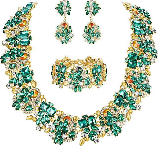 Ever Faith Women's Statement Jewelry Sets, Rhinestone Crystal Vintage Floral Chunky Necklace Earrings Bracelet Set