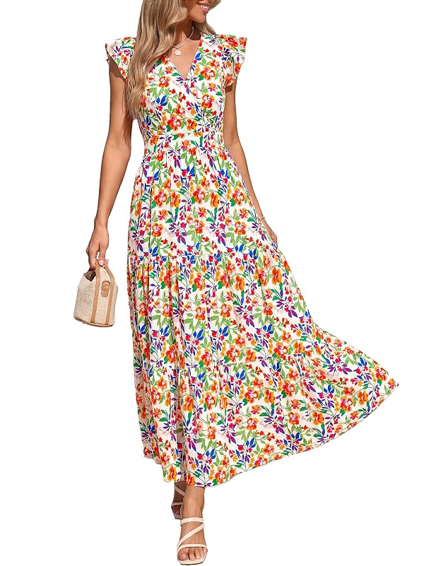 PRETTYGARDEN Women's Floral Maxi Dresses Summer Casual Wrap V Neck Ruffle Sleeve Flowy Long Beach Vacation Dress with Pockets (Floral Light Green,L) by PRETTYGARDEN - Used condition - US$33.71
