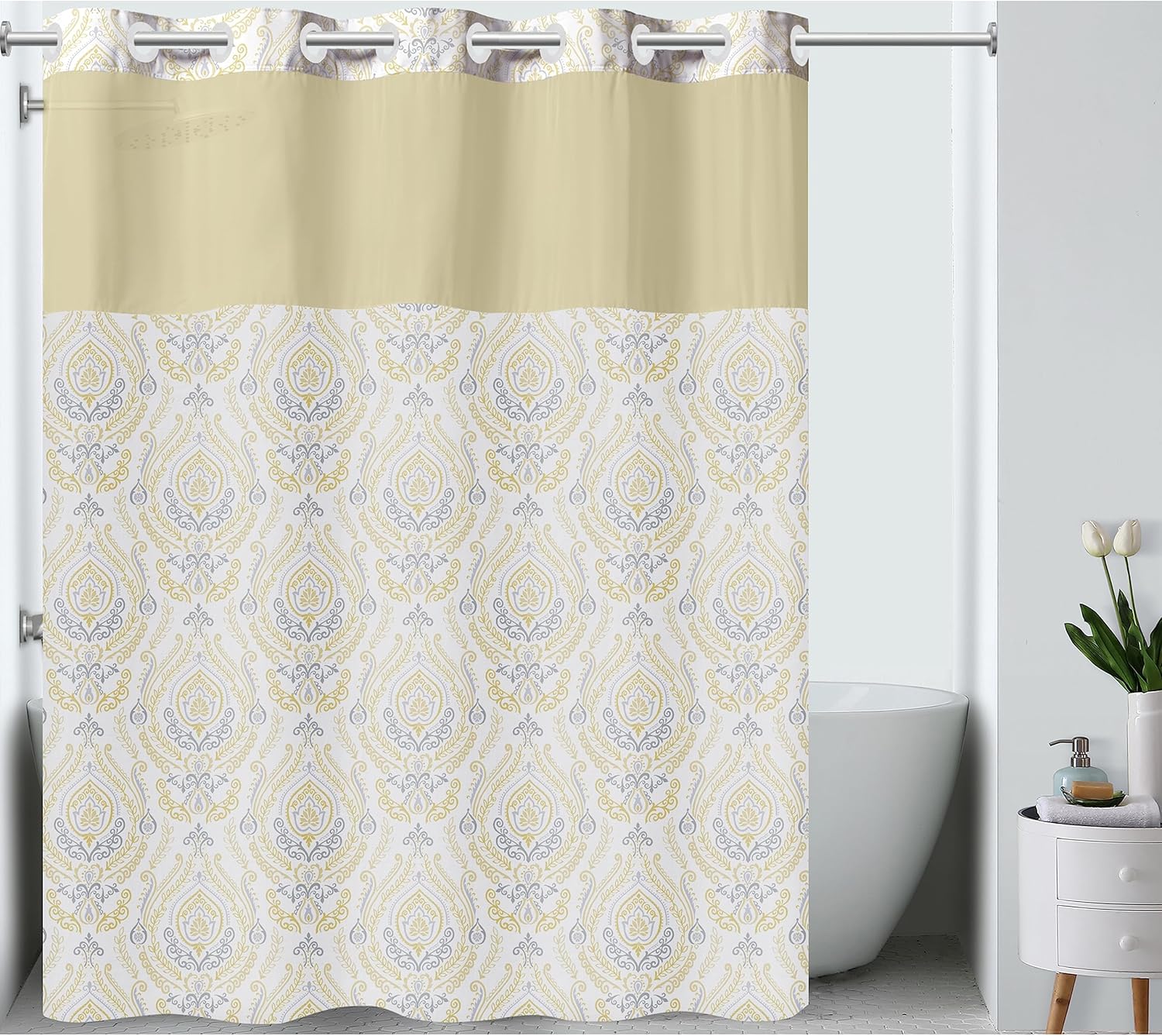 Hookless French Damask Shower Curtain in Sunshine Home