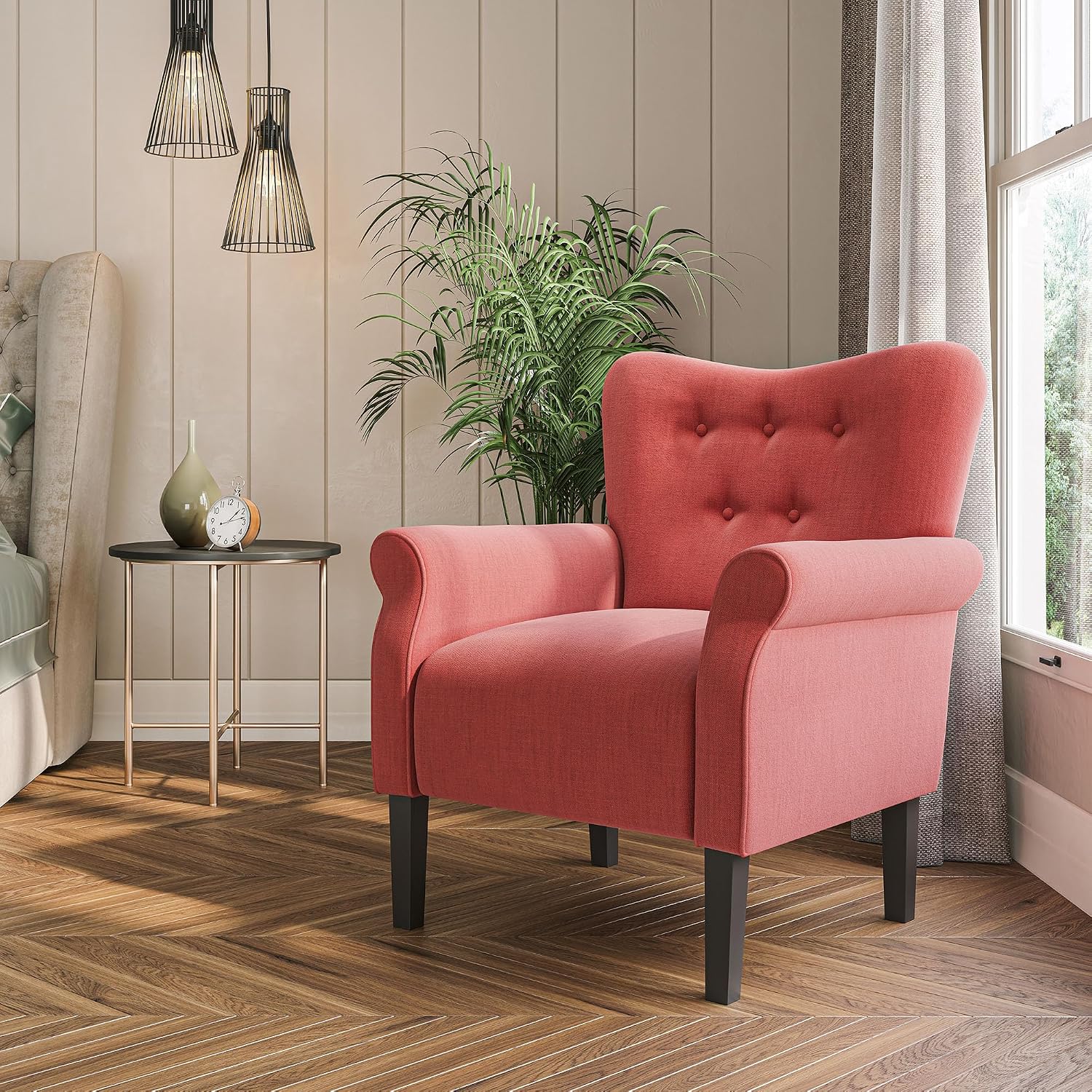 BELLEZE Modern Accent Chair, High Back Armchair, Upholstered Wingback Side Chair, Padded Single Sofa with Wooden Legs for Living Room, Bedroom - Brick