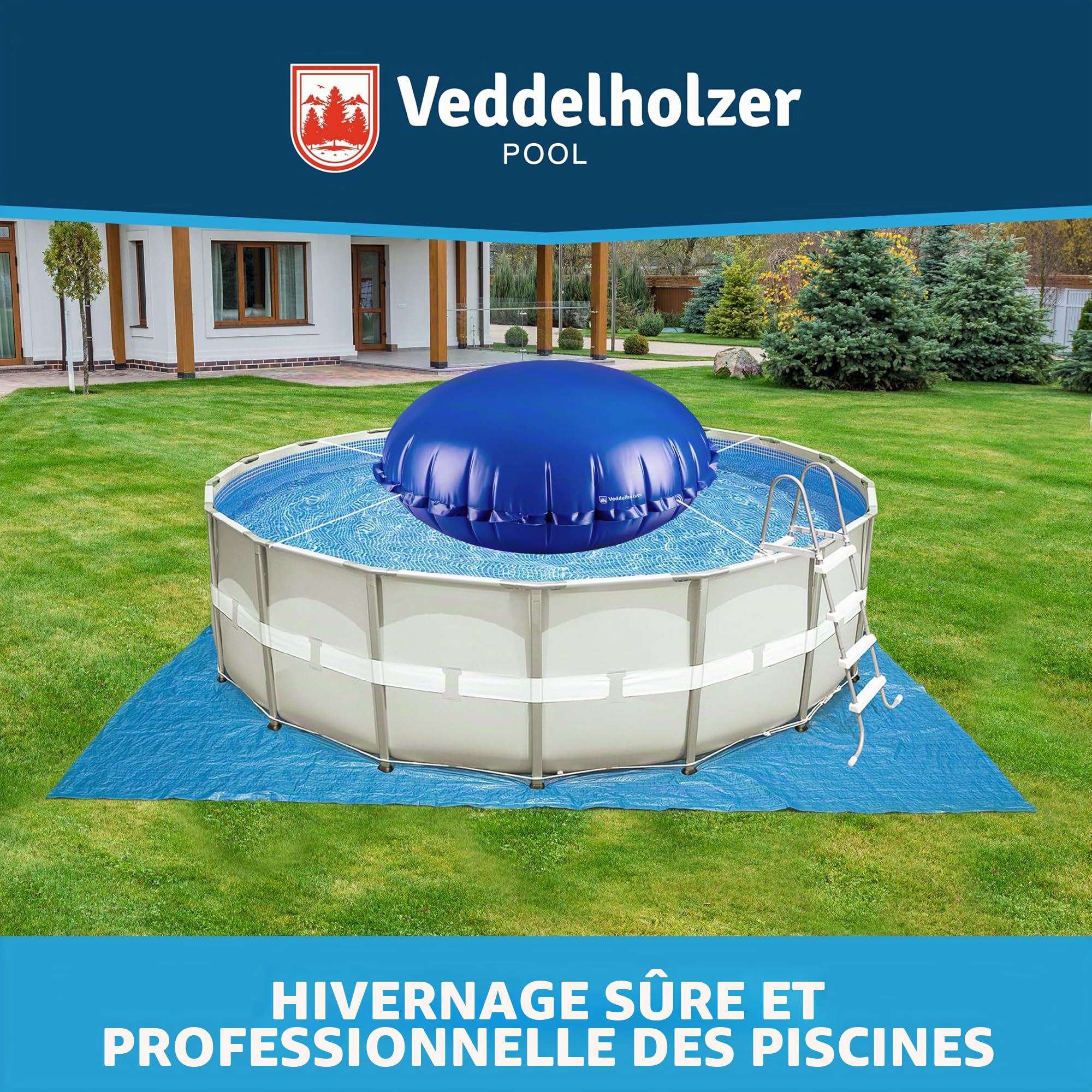Veddelholzer XXL Ø2 m Coussin de piscine rond Set Incl. 6 m de corde de fixation & kit de réparation Coussin gonflable pour couverture de piscine. Accessoire de piscine parfait pour la toiture et la