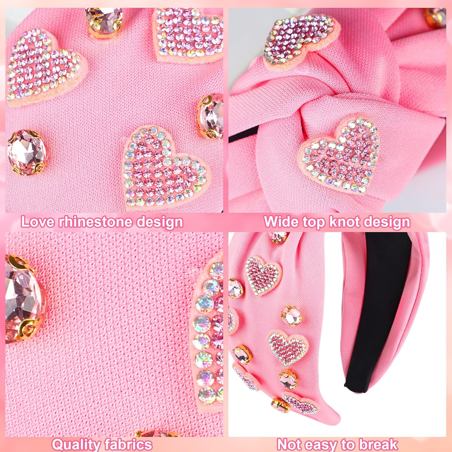peony man Valentine’s Day Heart Headbands Heart Knotted Headband for Women Pink Rhinestone Jeweled Hairband for Valentine's Day Anniversary Dating Party Holiday Wedding Birthday - Image 3