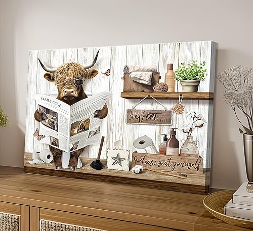 Miniatura 5 de Divertido arte de pared de baño de vaca de las tierras altas, rústico, color marrón, lindo animal, pintura, imagen, decoración de pared, ganado de