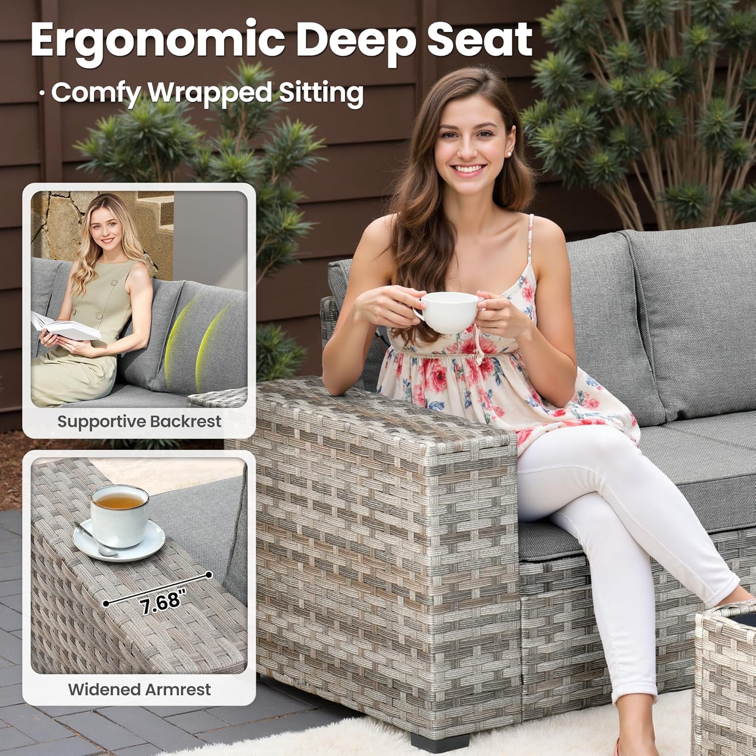 ovios 6 Pieces Patio Furniture Set, Outdoor Wicker Sectional Sofa with Coffee Table Comfy Cushions, Modern Modular Deep Seat Couch Rattan Conversation Set, Dark Grey