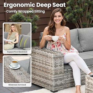 ovios 6 Pieces Patio Furniture Set, Outdoor Wicker Sectional Sofa with Coffee Table Comfy Cushions, Modern Modular Deep Seat Couch Rattan Conversation Set, Dark Grey