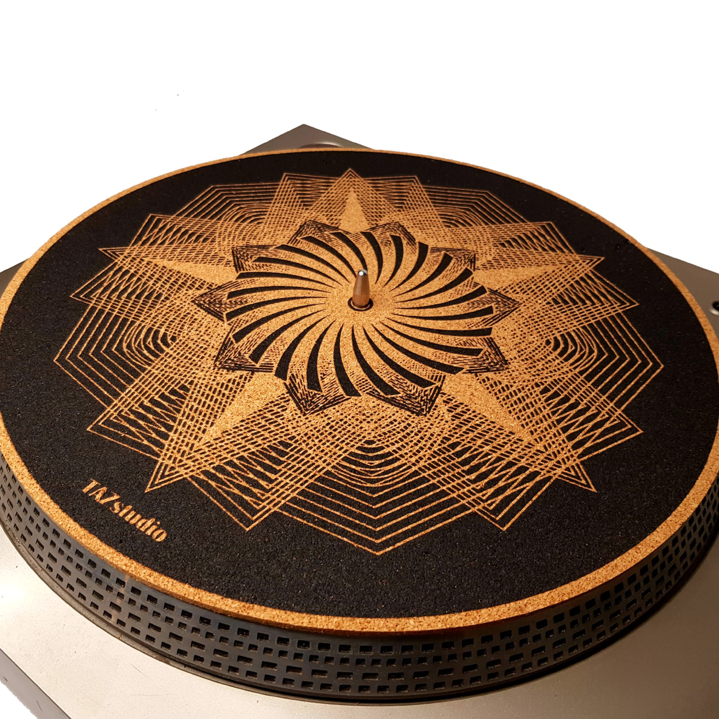 Cork Turntable Mat for Better Sound Support on Vinyl LP Record Player - Original Geometric Design- Dark light Cork slipmat [3mm Thickness]