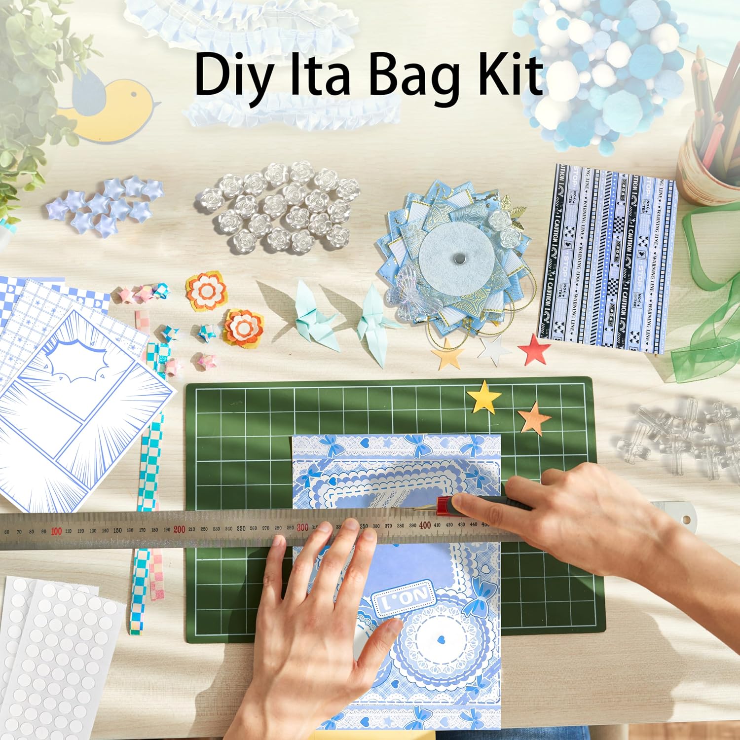 103 Pcs DIY Ita Bag Accessories with Insert Panels,Ribbons,Ita Bag Decor with Bows, Wings, Hearts, Stars, Pom-Pom, Making Supplies for Handicraft Enthusiast, Celebrity Fan, Anime Fan (Blue)