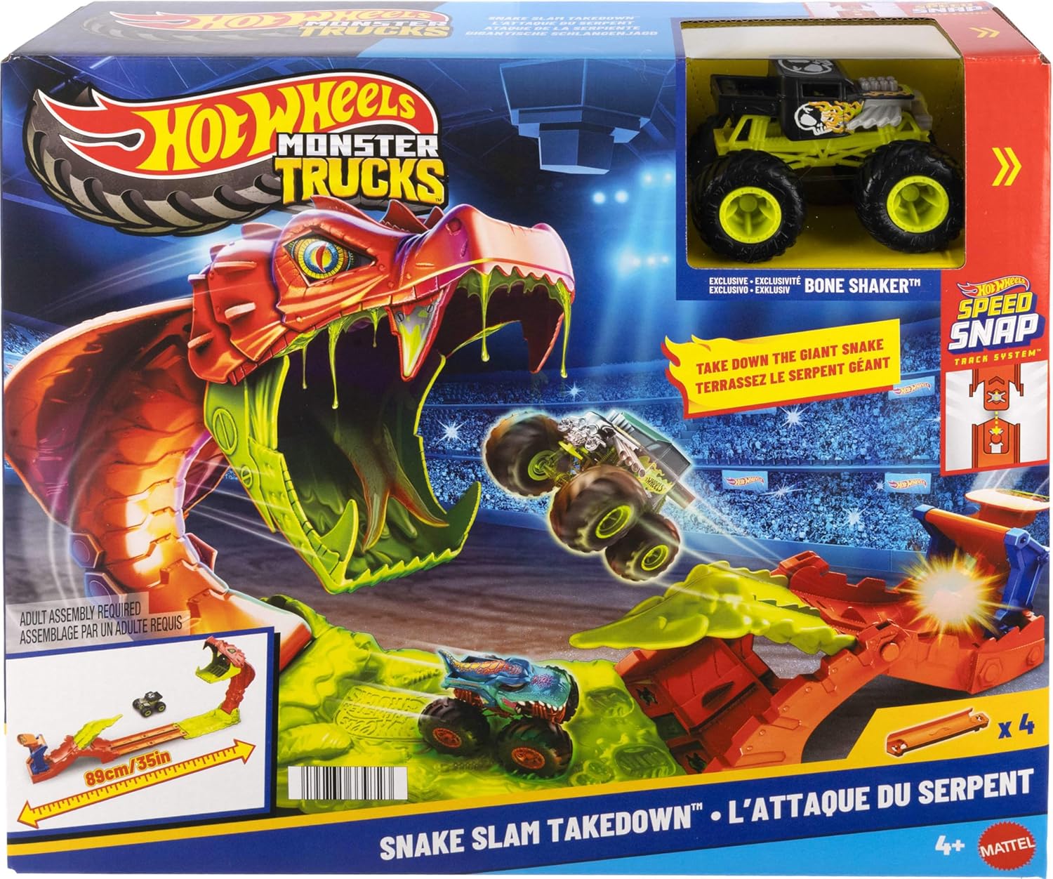 Hot Wheels Monster Trucks Toy Playset, Snake Slam Takedown Track Set with Exclusive 1:64 Scale Bone Shaker Toy Vehicle, Includes Track