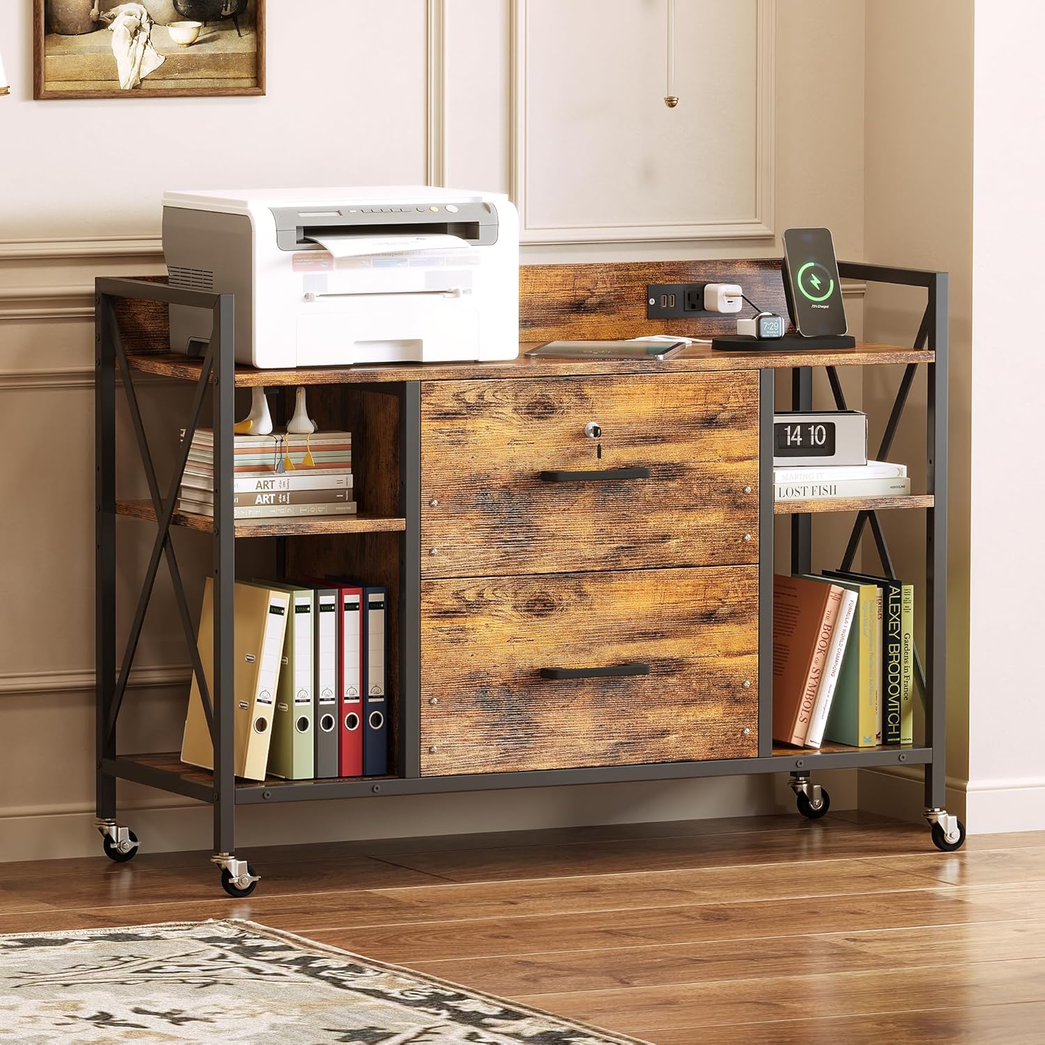 Office File Cabinet, 2 Drawer File Cabinets with Lock, Filing Cabinet with Power Outlets, Adjustable Shelves, Rolling Storage Cabinets for Home Office, Vintage