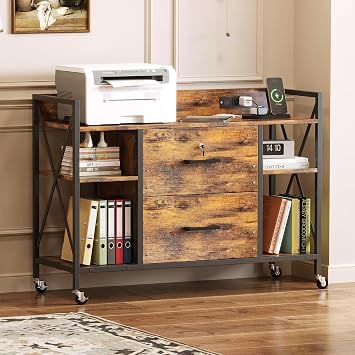 Office File Cabinet, 2 Drawer File Cabinets with Lock, Filing Cabinet with Power Outlets, Adjustable Shelves, Rolling Storage Cabinets for Home Office, Vintage