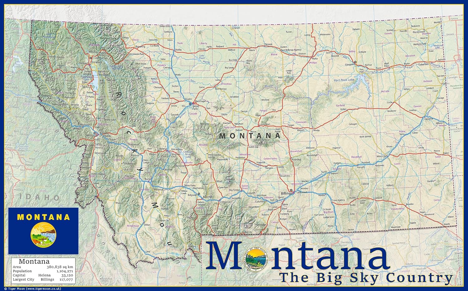 Montana Physical Map - 16.5 x 26.5 Inches - Paper Laminated