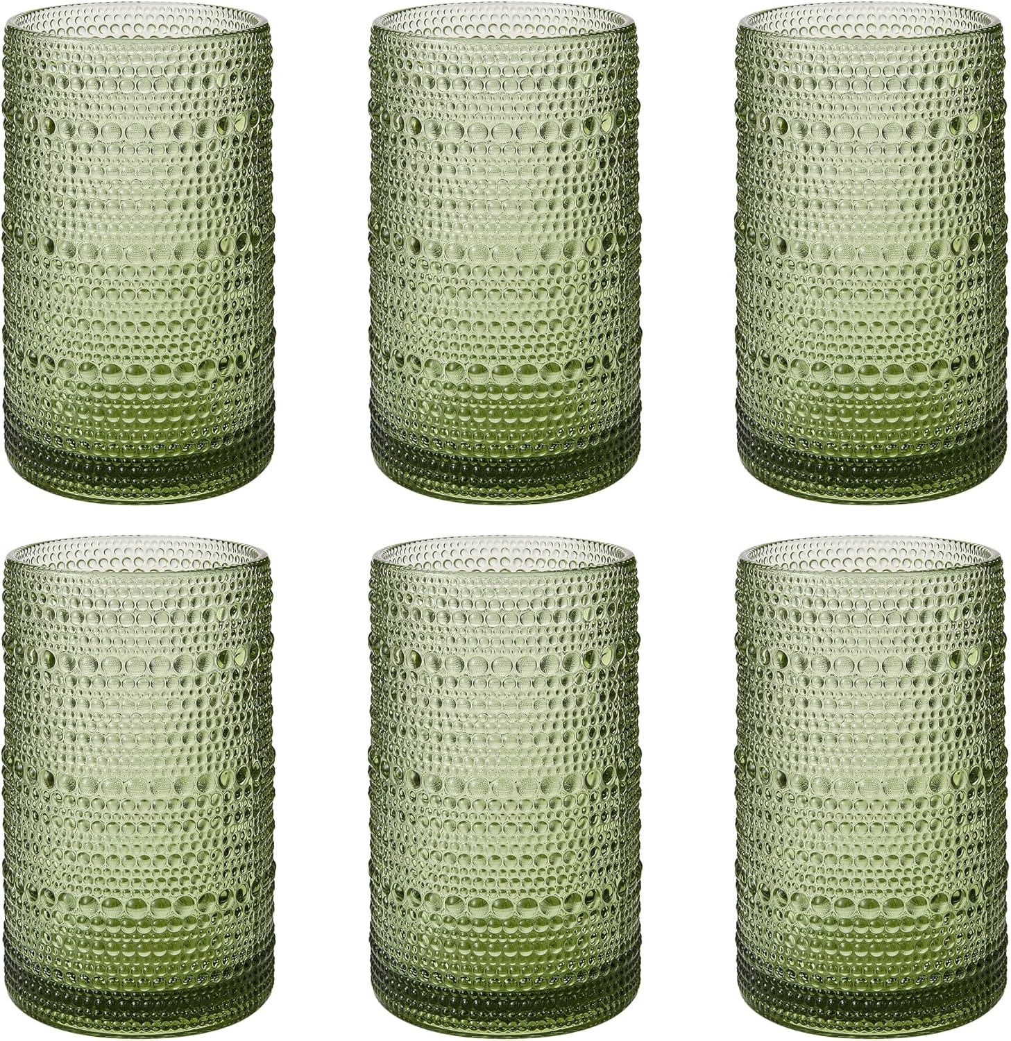 Vintage Hobnail Drinking Glasses Set of 6, 16 oz Large Capacity Embossed Green Tumblers, Highball Glasses for Water, Cocktail, Beer, Whiskey, Kitchen & Bar Use
