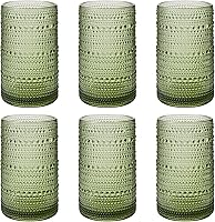Akutaa Vintage Hobnail Green Highball Glasses Set of 6 - 16oz Embossed Tumblers for Cocktails, Water, Beer, Whiskey - Dishwasher Safe