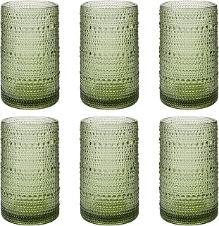 Akutaa Vintage Hobnail Green Highball Glasses Set of 6 - 16oz Embossed Tumblers for Cocktails, Water, Beer, Whiskey - Dishwasher Safe