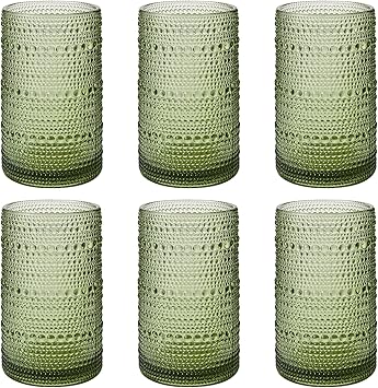 Vintage Hobnail Drinking Glasses Set of 6, 16 oz Large Capacity Embossed Green Tumblers, Highball Glasses for Water, Cocktail, Beer, Whiskey, Kitchen & Bar Use