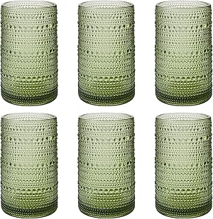 Vintage Hobnail Drinking Glasses Set of 6, 16 oz Large Capacity Embossed Green Tumblers, Highball Glasses for Water, Cocktail, Beer, Whiskey, Kitchen & Bar Use