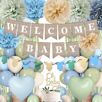 Blue Sage Green Baby Shower Decorations-Welcome Baby Boy Banner, Fringe Curtains, Paper Pompoms, Olive Green Dusty-blue Beige Cream Latex Balloon Decor For Boho Easter Jungle Baby Shower Blue Party