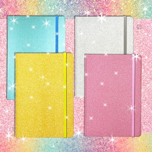 Miniatura 8 de Paquete de 4 cuadernos con purpurina, 8.3 x 5.7 pulgadas, 160 páginas rayadas con purpurina que nunca se despegan, diario brillante para niñas,