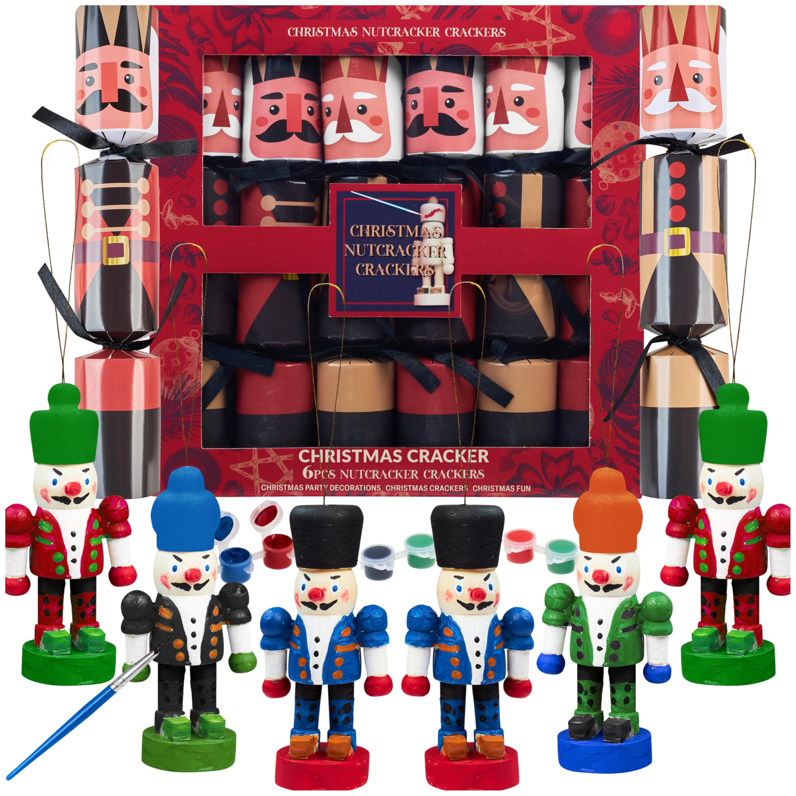 Kreativekraft Multi Diy Nutcracker Luxury Christmas Crackers, 6 Pack Deluxe Xmas Crackers With Paint Your Own Nutcracker Xmas Tree Decorations, Fun Novelty Table Decor (Multi Diy Nutcracker)