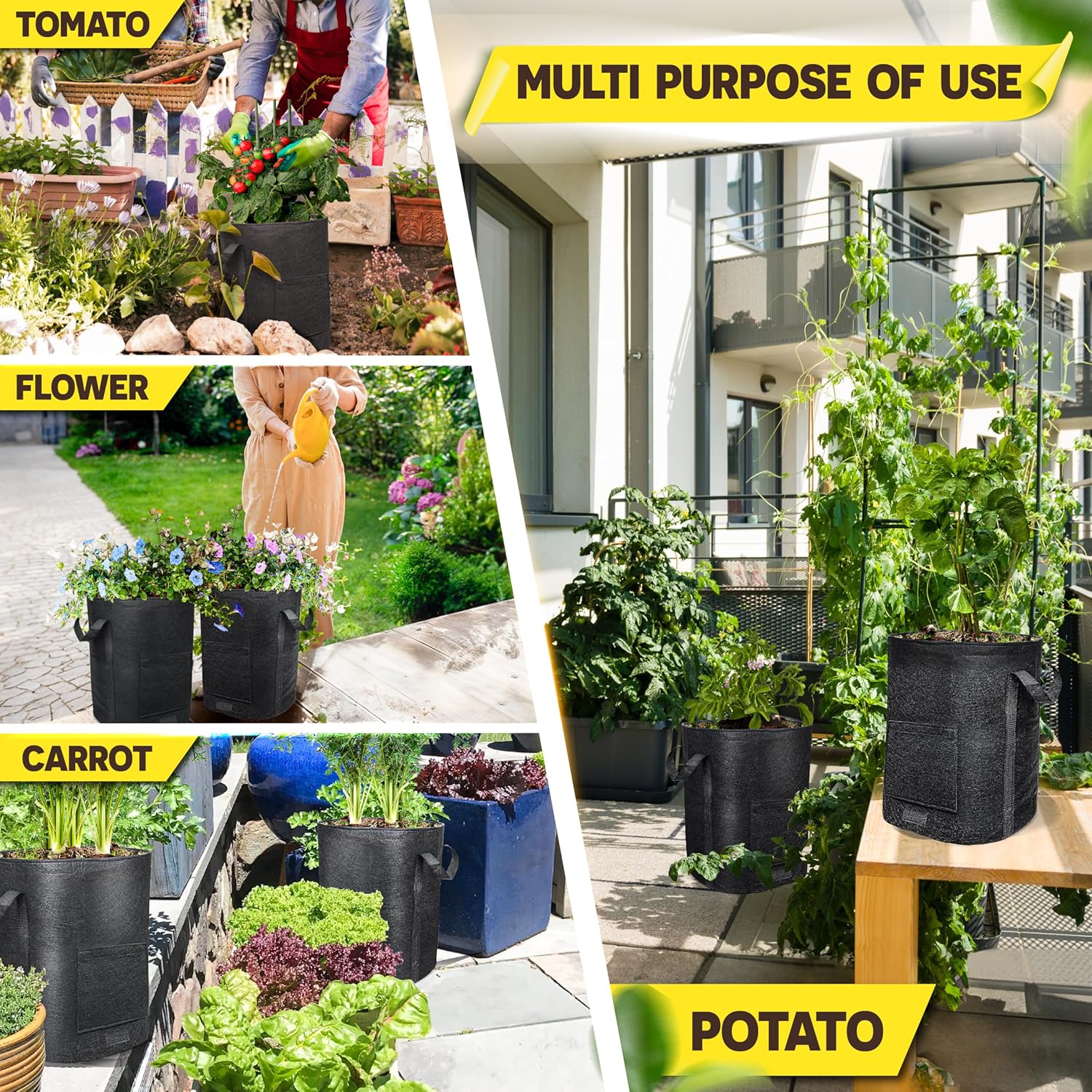 [Upgraded] 2PCS 20-Gallon Potato Grow Bags with Unique Harvest Window, Visible Window, Garden Planting Bag with Reinforced Handle, Nonwoven Fabric Pots for Tomato, Potato Growing Container - Black