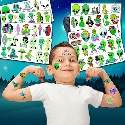 Miniatura 2 de 96 piezas de tatuajes temporales de alienígenas con temática de decoración de fiesta de cumpleaños, suministros de decoración divertida, calcomanías