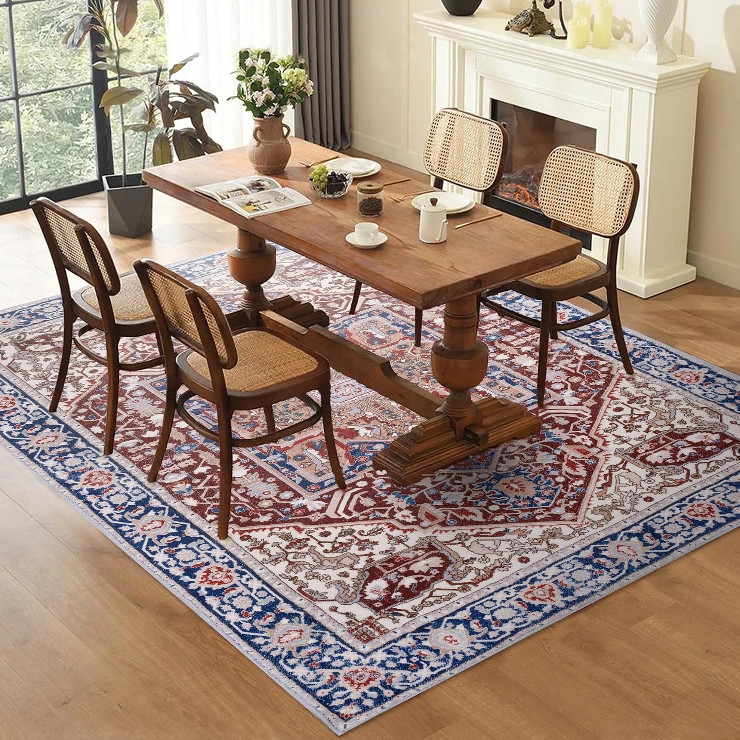 4x6 Machine Washable Boho Rug, Non-Slip Vintage Area Rug for Living Room, Bedroom, Dining Room & Kitchen, Stain Resistant, Low Pile, Red/Blue