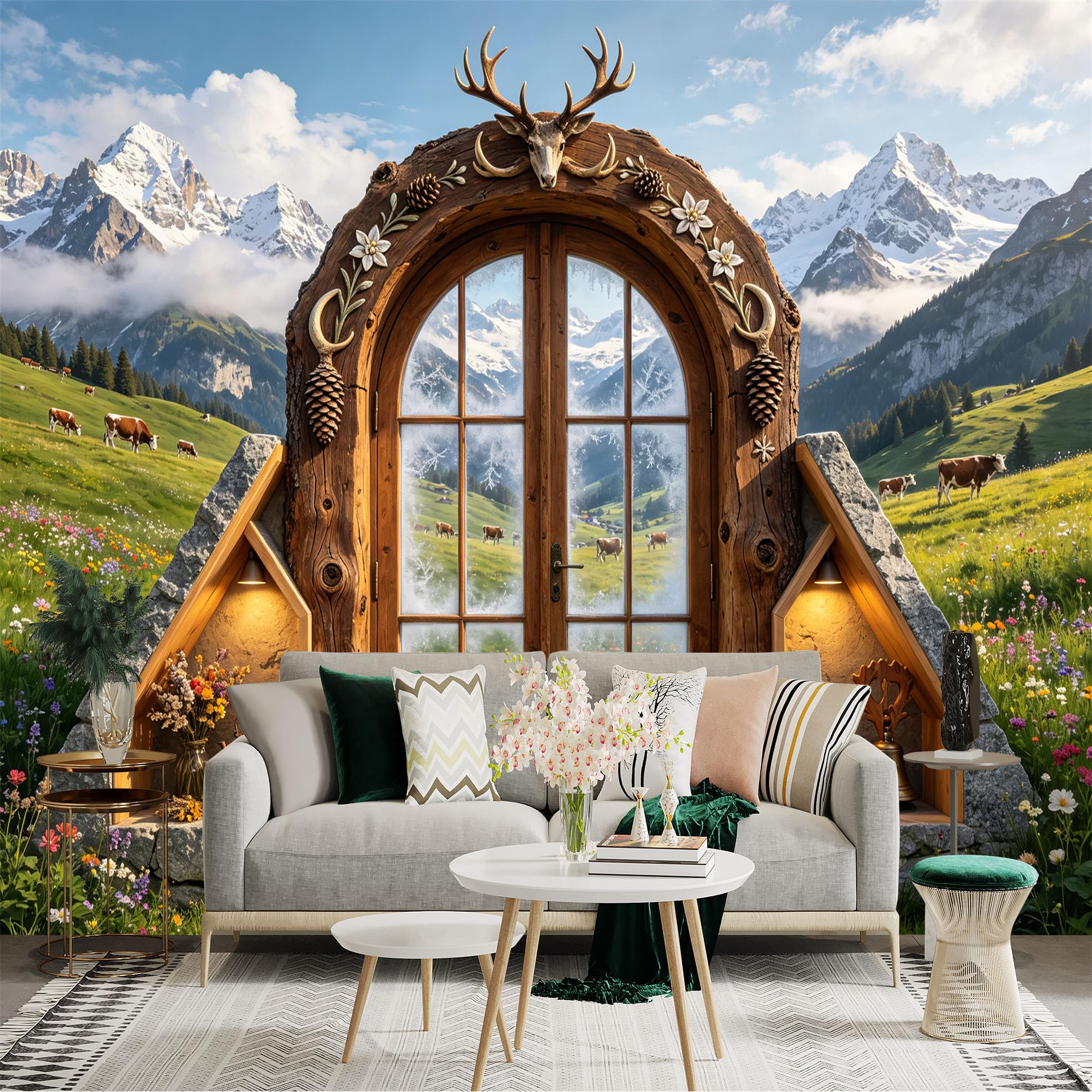 Custom Size Wall Sticker Mural， Rustic Mountain Cabin Door， Alpine Meadow and Snow Peaks， for wall Decoration， peelandstick wall Decals.