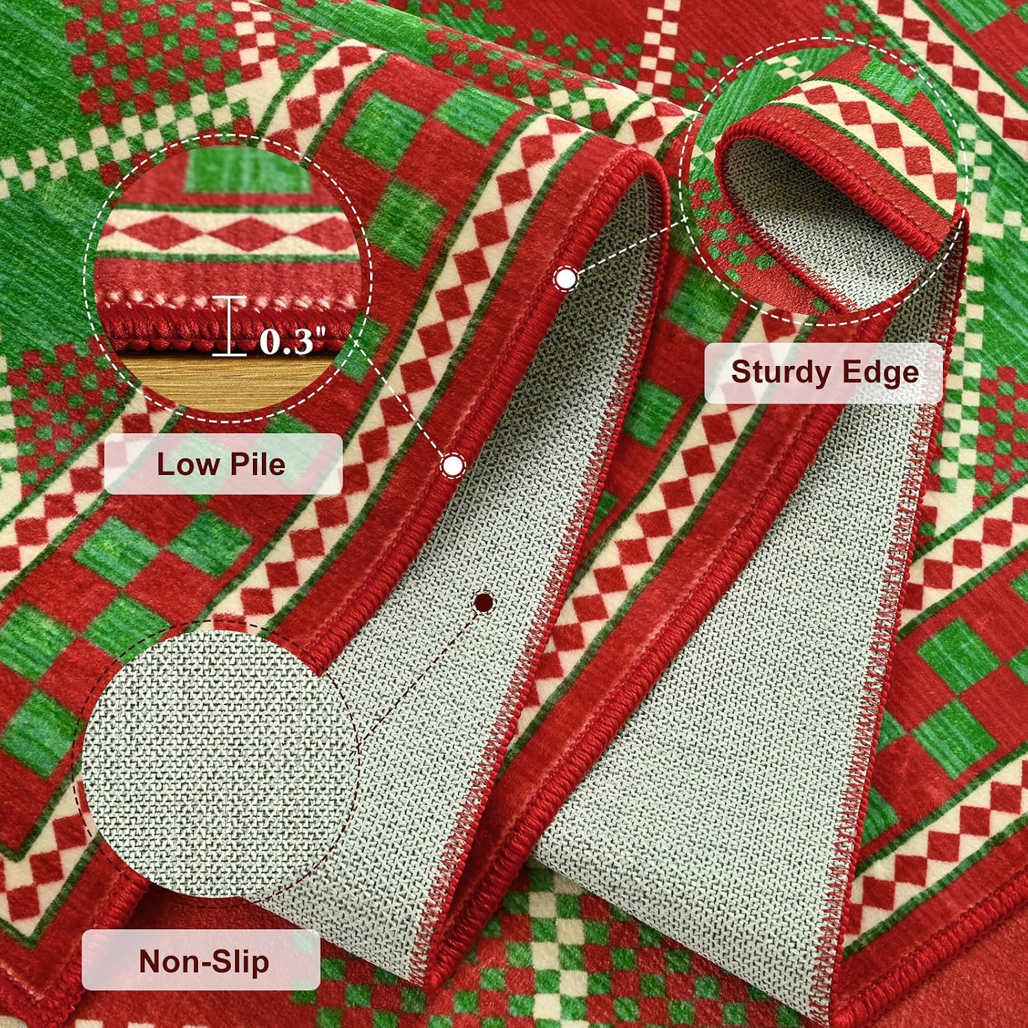 Terrug Christmas Area Rug 4x6 for Bedroom, Red Green Checkered Rugs with Low Plie Non-Slip Backing for Living Room, Washable Stain-Resistant Plaid Carpet for Kids Room Holiday Decor