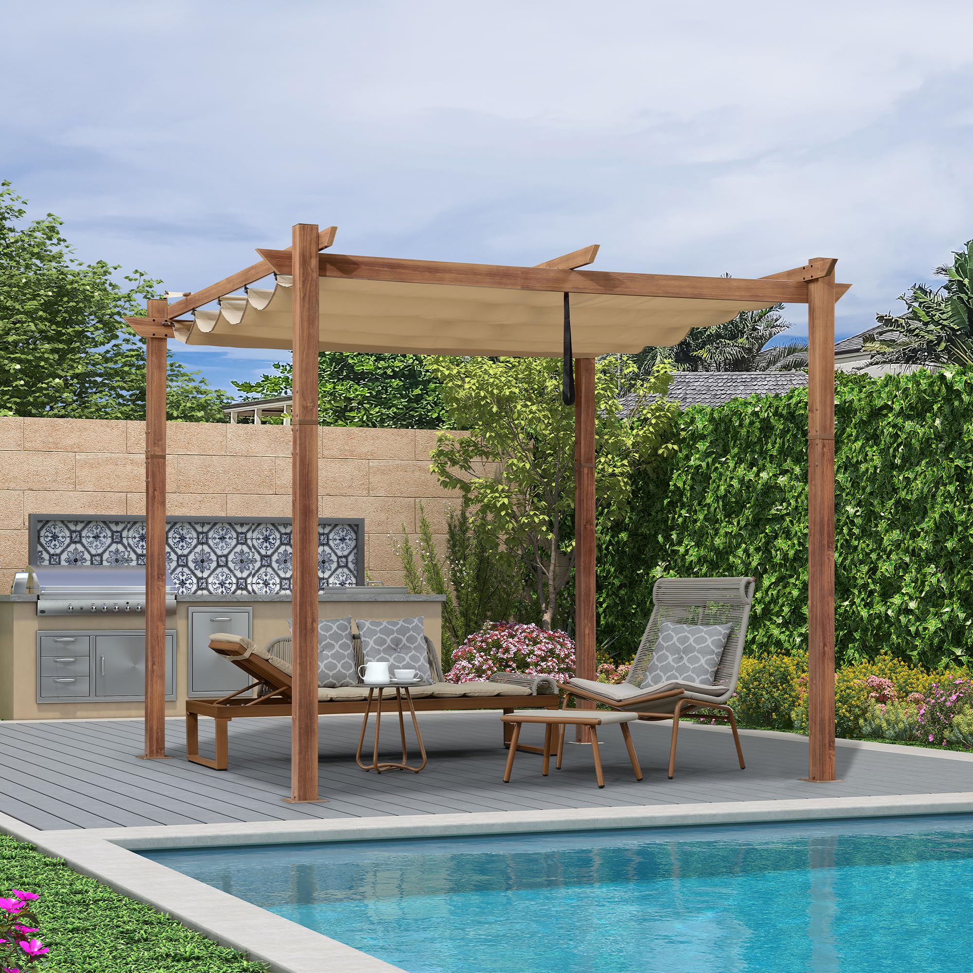 PURPLE LEAF Pergola 3 x 3 m Holzoptik Gartenpavillon Alu mit Schiebedach Terrassenüberdachung Wasserfest Stabil Winterfest mit Markisenschutz für Terrasse, Beige