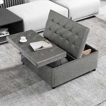 LINLUX Grey Leather 36 Inch Square Large Living Room Lift Top Ottoma