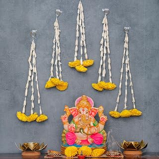 Desi Favors Lilly with Yellow Chamanthi/Chrysanthamums at the End, Lily Chamanthi Hanging, Artificial Garland for Indian Diwali/Pooja/Wedding/Mehendi/Haldi Decor, 1 Ft (Pack of 2 Rings with 6 Strings)