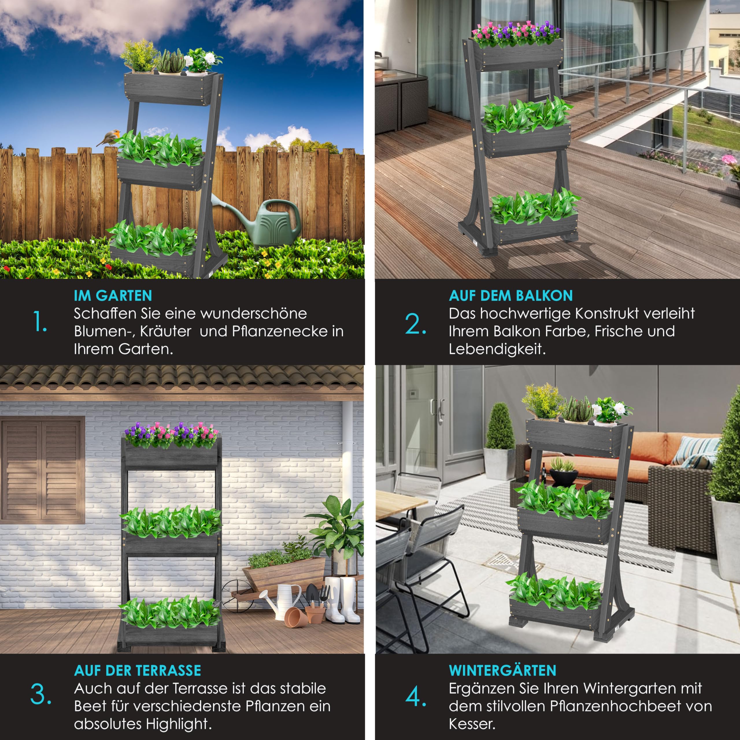 KESSER® Hochbeet mit 3 Etagen Premium Blumenkasten Blumentreppe Pflanztreppe Gemüsebeet Kräuterbeet Pflanzkübel Frühbeet Blumenbeet Pflanzkasten mit Gartenvlies - Beet inkl. Schaufelset, Anthrazit