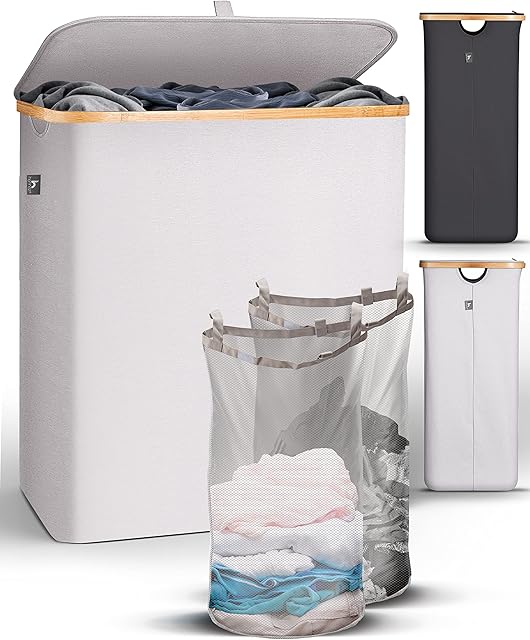 HENNEZ 141L Bamboo Beige Laundry Basket with Lid - Laundry Hamper With Removable Bags - Double Laundry Basket With Handles - Dirty Clothes Basket Washing Baskets for Laundry - Wash Baskets Laundry Bin