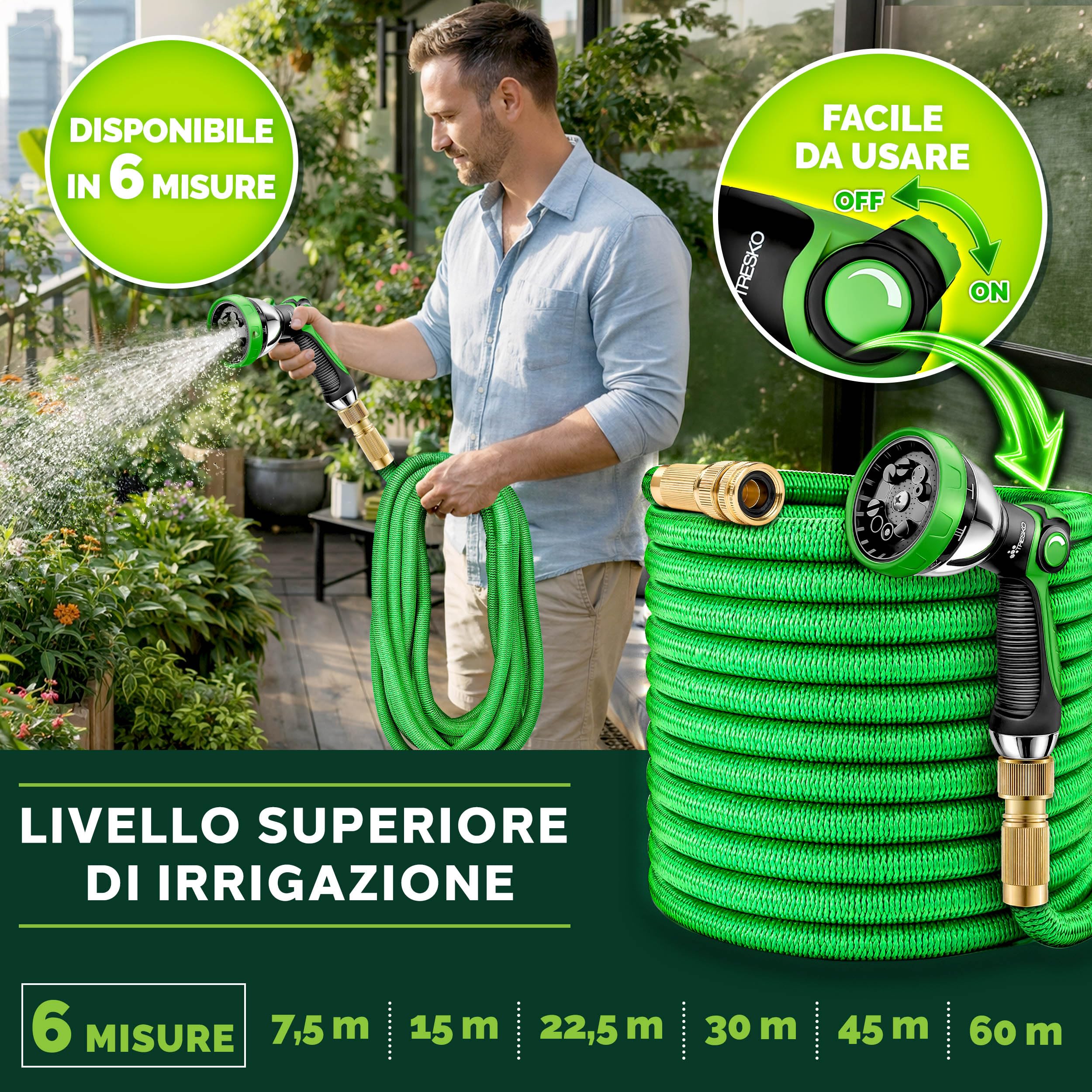 TRESKO Tubo da giardino Espandibile da 15M | Materiale in lattice | Ultra Resistente con Pistola da innaffioa 10 funzioni + Raccordo in Ottone