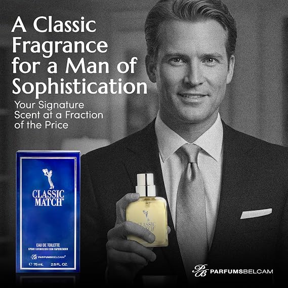 PB ParfumsBelcam Blue Classic Match Eau de Toilette Spray for Men Modern Citrus Fougere Fragrance, Notes of Melon, Moss and Patchouli, Cologne Alternative, Signature Fragrance 2.54 Fl Oz