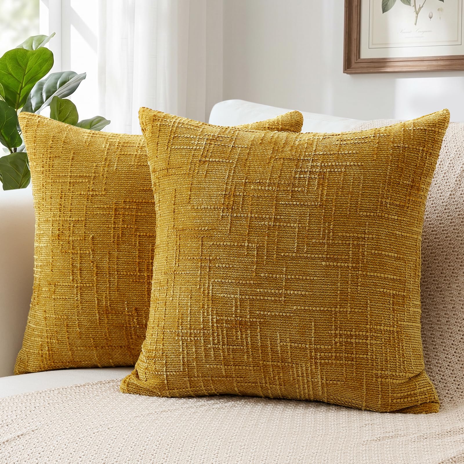 Sungeek Pack of 2 Chenille Textured Cushion Covers 60x60cm, Farmhouse Solid Dyed Throw Pillow Case Cover, Decorative Square Cushion Case for Home Decor Couch Sofa Bed Living Room, Mustard Yellow
