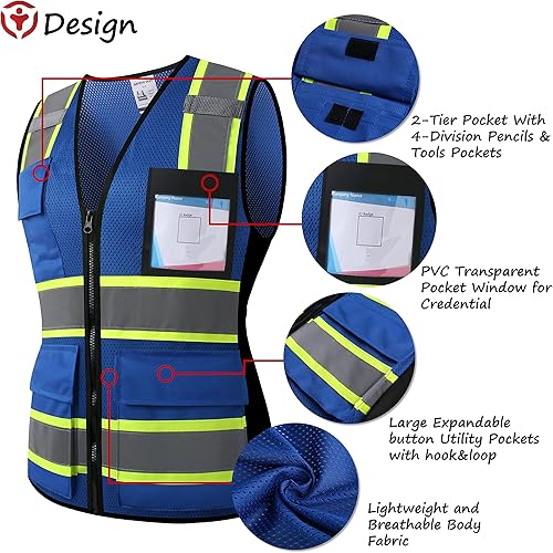 Miniatura 3 de Chaleco de seguridad reflectante de alta visibilidad para hombres y mujeres con bolsillos y cremallera frontal, cumple con los estándares ANSIISEA