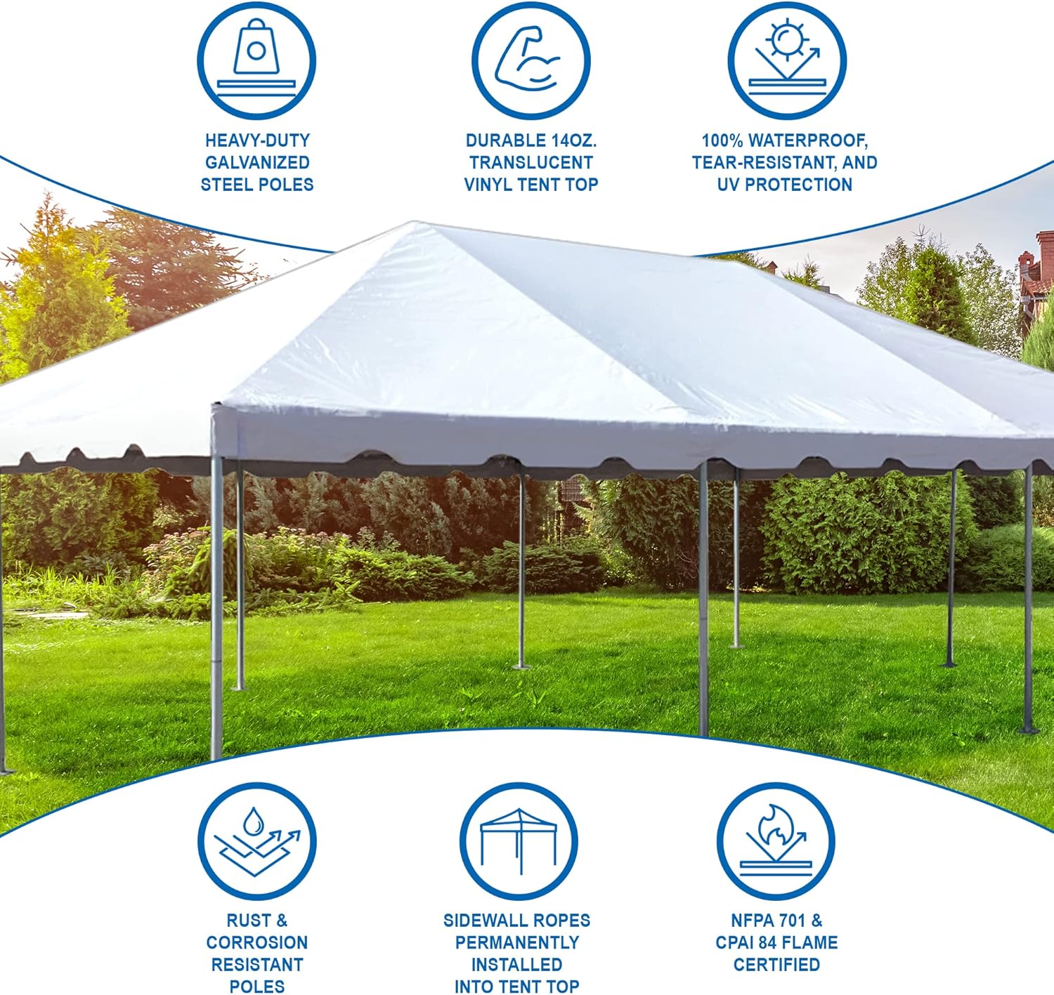 Party Tents Direct 20 x 40 Foot West Coast Frame Tent with Sidewalls, Heavy Duty PVC White Canopy, Outdoor Event Canopy Gazebo for Weddings, Parties, Banquets, and Commercial Use