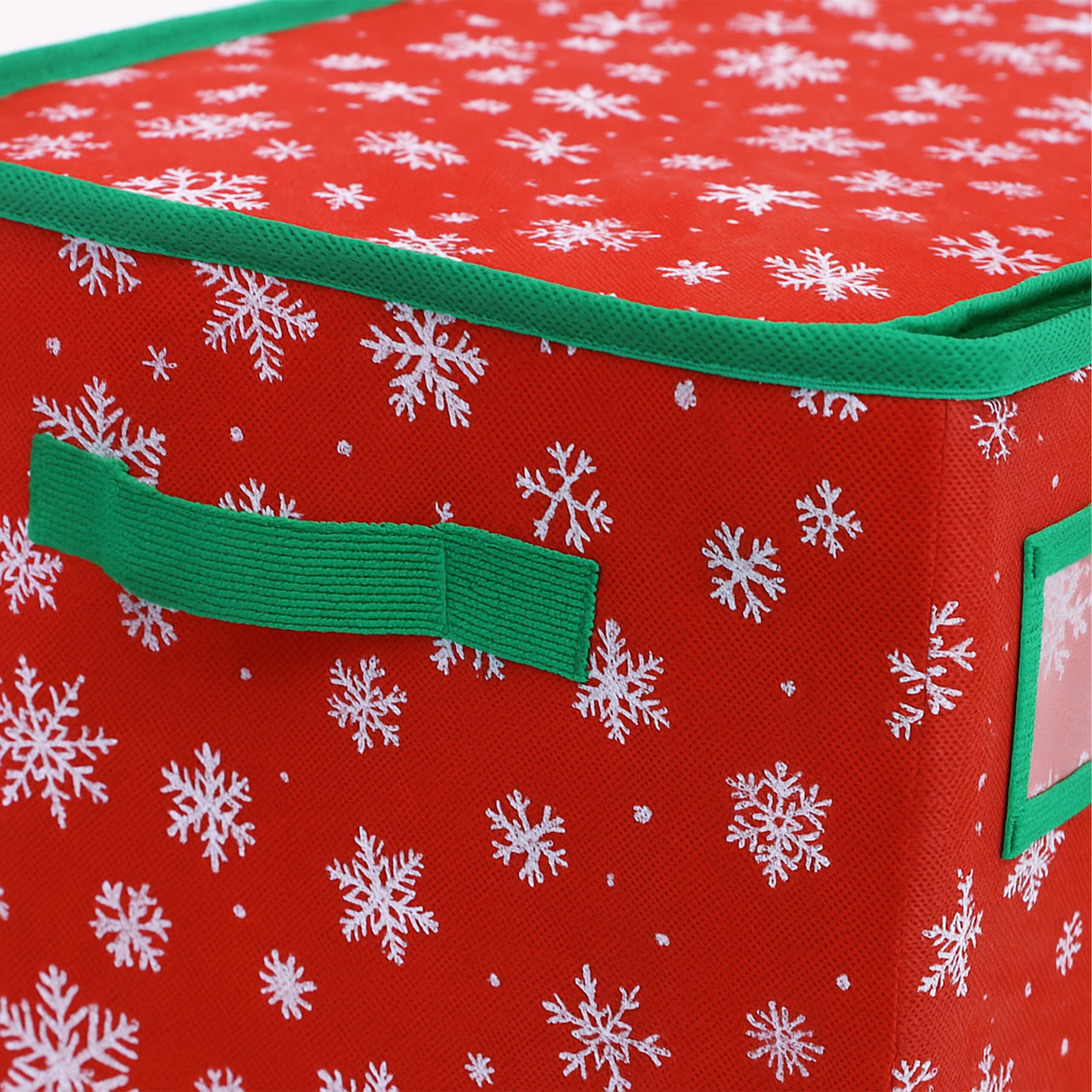 Relaxdays Weihnachtskugel Aufbewahrungsbox, 128 Kugeln, HxBxT: 33 x 66 x 33 cm, Schneeflocken, Vlies, Pappe, rot/grün