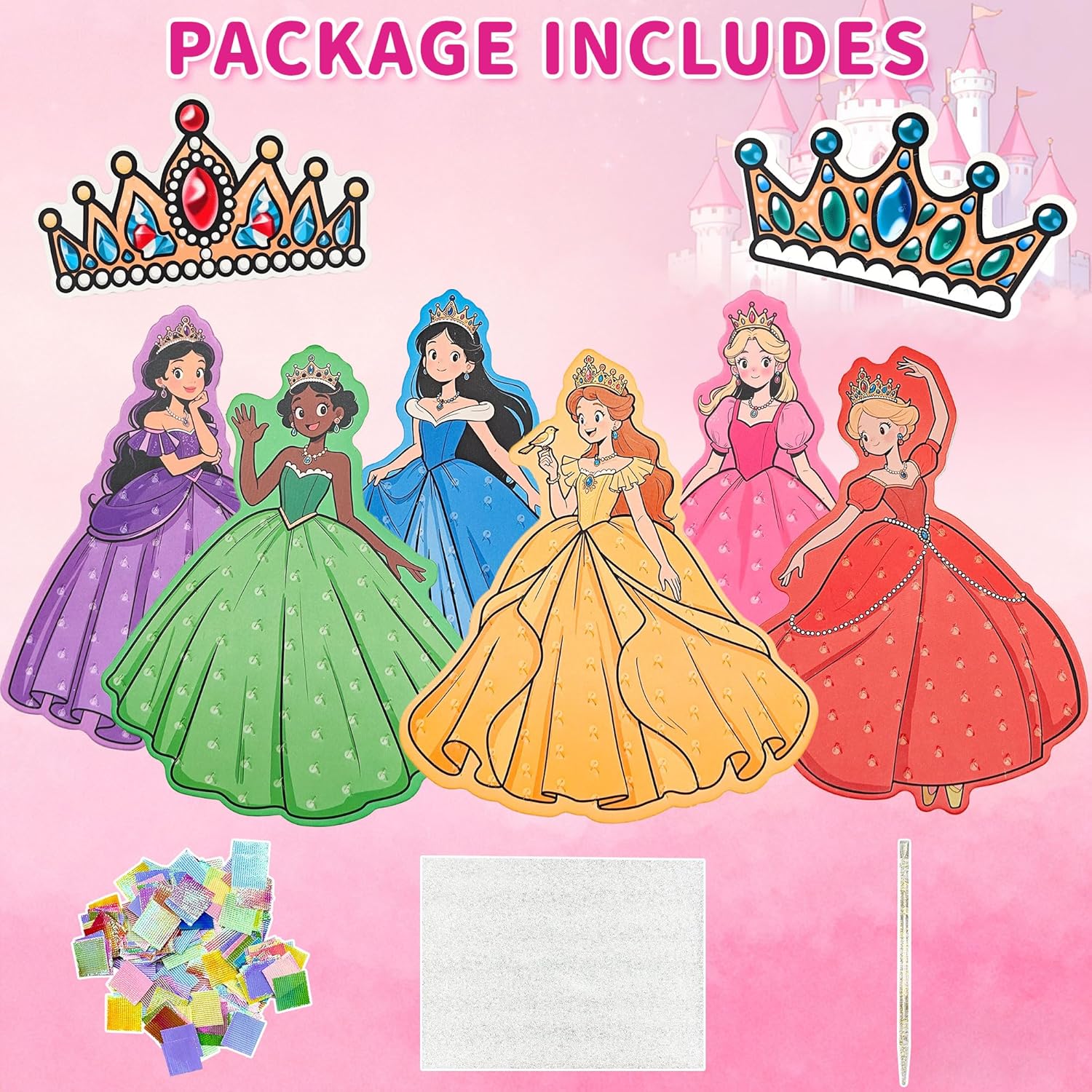 daheypong 8 Pcs Poke in Crafts Kits for Girls, Fashion Princesses DIY Mess Free Kids' Paper Craft Kits, with 700+ Fabric Squares, 6 Foam Princesses, 2 Crowns - Birthday Gift, Creative Gift for Kids
