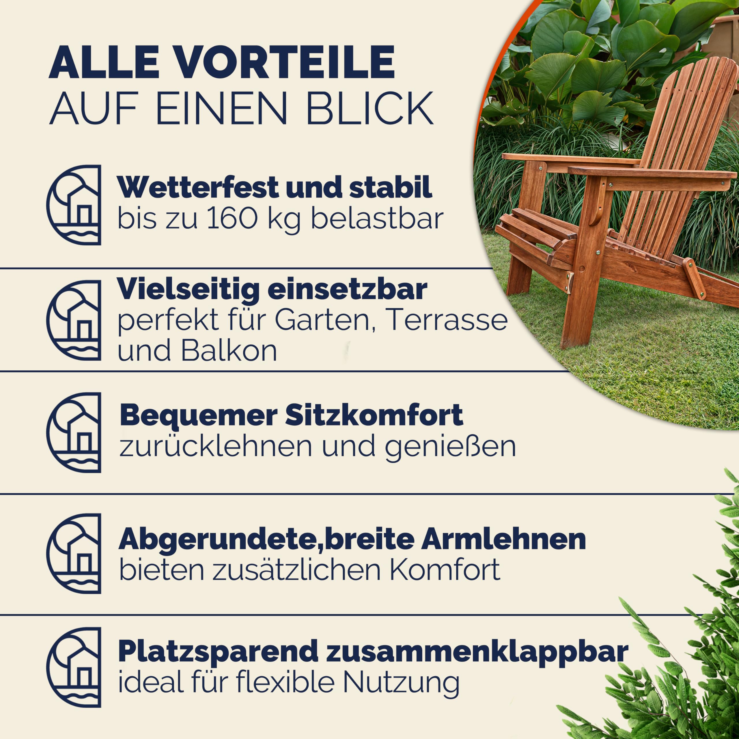 Casaria Adirondack Acacia Bois Max 160kg Résistant aux intempéries Pliable Accoudoirs Chaise Longue Balcon 84x69x94cm Chaise en Bois Ergonomique