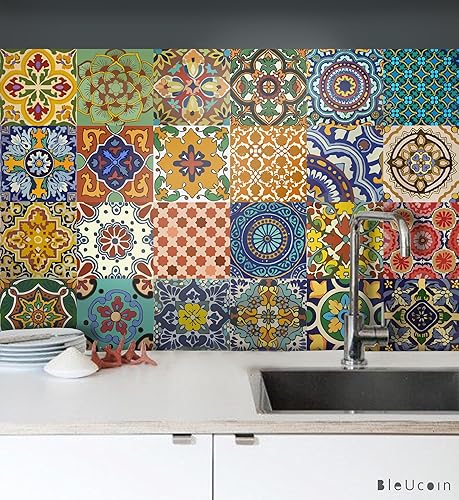 Miniatura 2 de Etiqueta adhesiva de mosaico mexicana Talavera Bleucoin para azulejo Backsplash de cocina y baño, etiqueta adhesiva de azulejo y baldosa Riser, 22