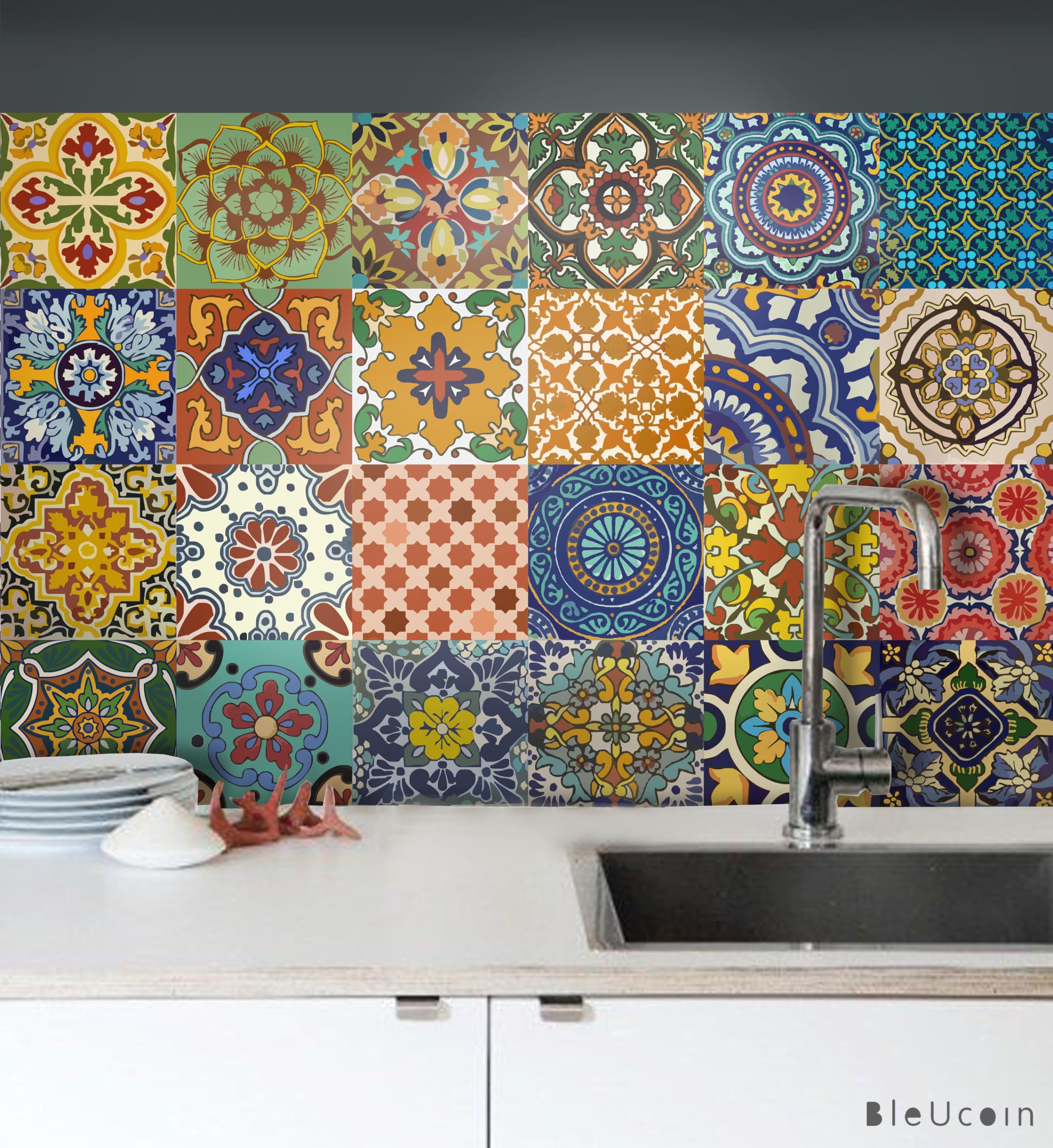 Bleucoin Talavera mexicana azulejo pegatina para cocina y cuarto de baño Backsplash Tile, Escalera Riser Peel & Stick Tile Decal, 22 diseños, paquete de 44 (20cm x 20cm (pack of 44))