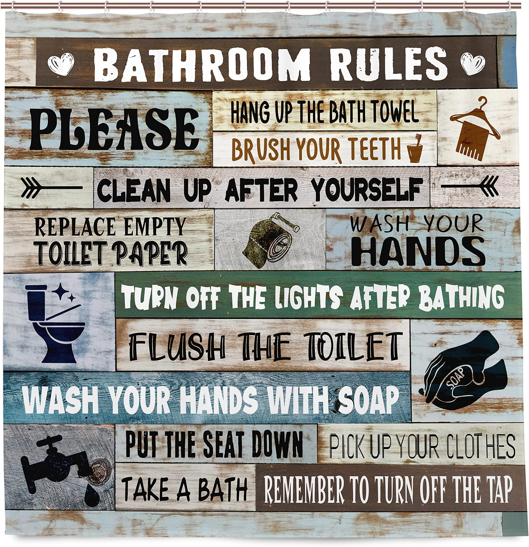 Farmhouse Bathroom Rules Shower Curtain Funny Vintage Teal Wood Shower Curtain Set for Modern Home Bathroom Waterproof Shower Curtain Decor 72x72 Inch with Hooks