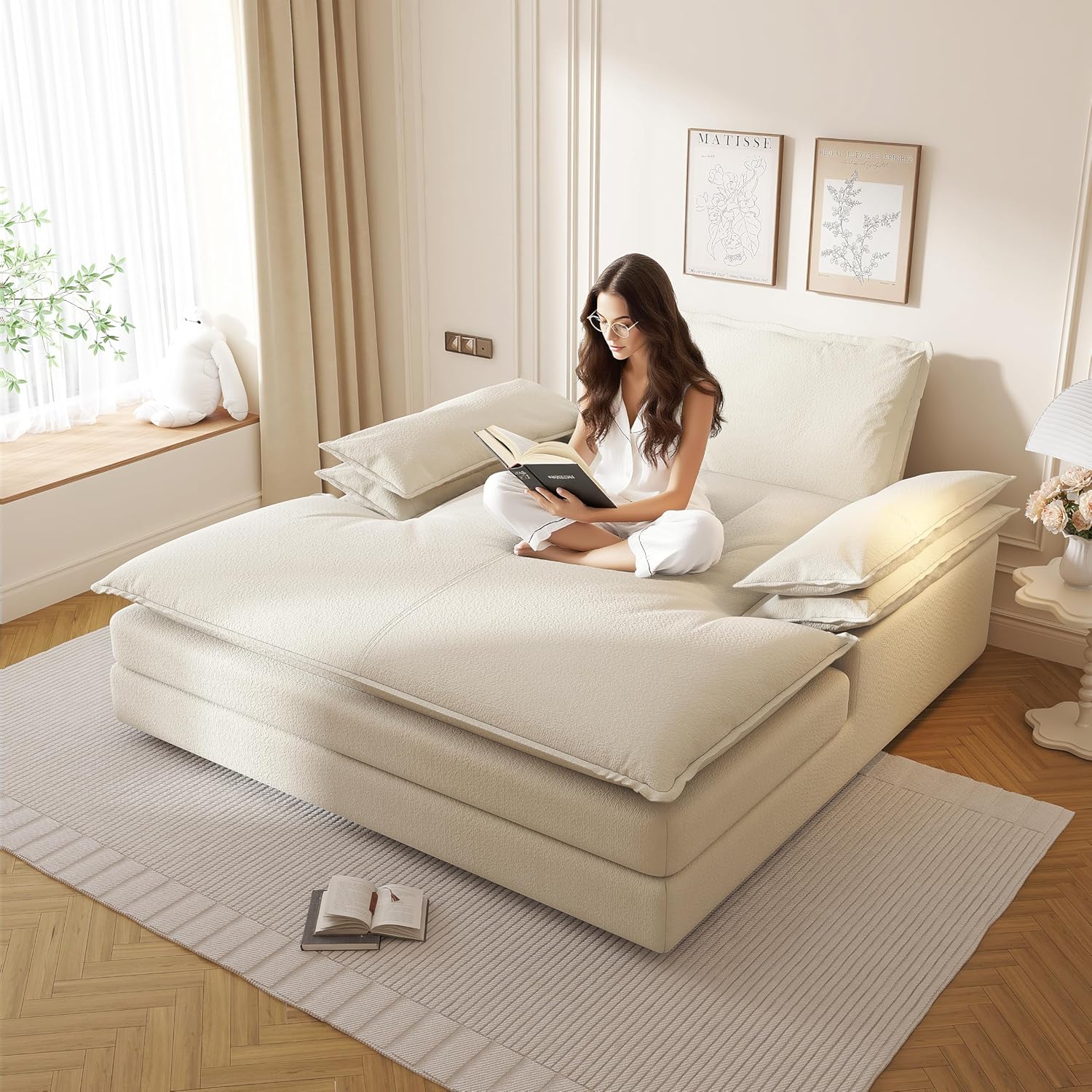 80" Modern Oversized Double Chenille Chaise Lounge, Deep Seat Reading Chair with Wide Armrests, Detachable Lazy Sofa with Large Pillows for Living Room, Beige